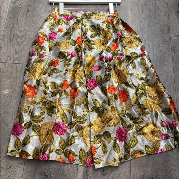 Unique Vintage Floral Midi Brocade Skirt - Pink, Orange, Green - Picture 2 of 2